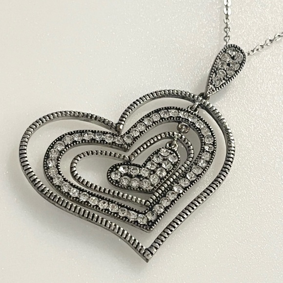 Rhinestone Layered Silver Tone Stacking Hearts Pendant Necklace - Picture 16 of 16